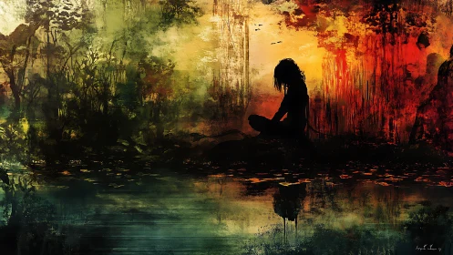 Silhouette seated by reflective forest water at sunset.