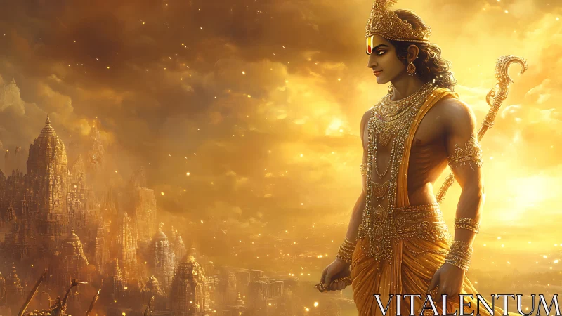 Sun-forged warrior prince above a gilded mythic kingdom.