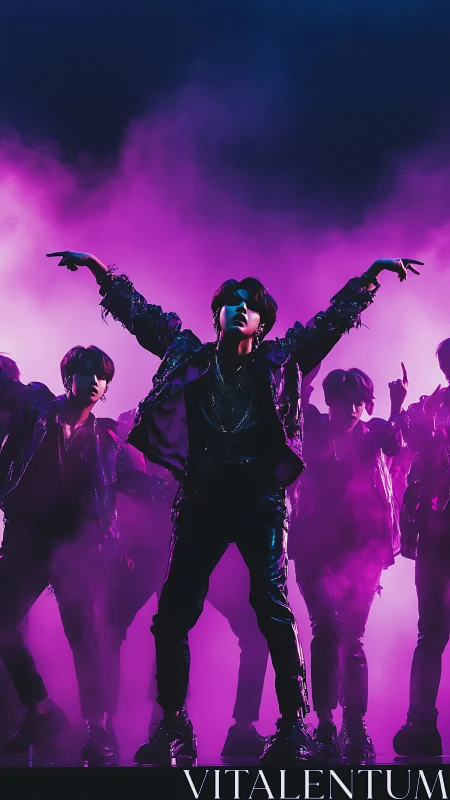 Neon-lit boy band silhouette ignites stage in purple haze.