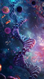 Galactic Helix: Neon DNA Dancing Through Microbial Starlight.