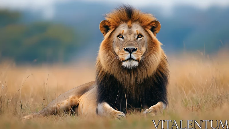 Male lion in savanna grassland under shallow depth of field.