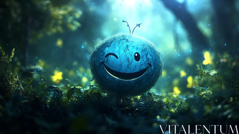 Whimsical Fuzzy Blue Creature in Enchanted Forest, Digital Art.