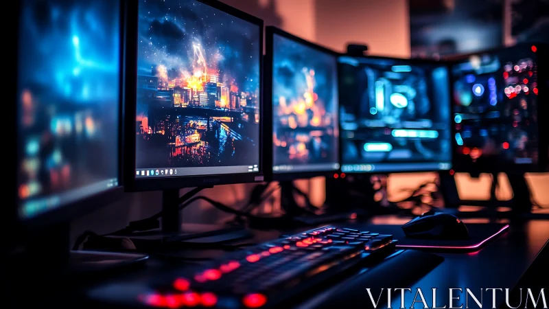 Neon lit gaming desk with cinematic city screens aglow.