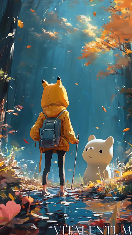 Forest wanderer meets a gentle bear friend at sunrise.