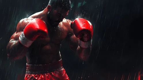 Bareknuckle boxer in dynamic rain combat stance with crimson gloves