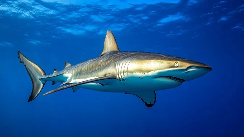 Oceanic shark profile in open blue water environment.