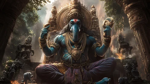 Blue elephant-headed deity in ornate stone jungle temple
