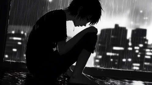 Silhouetted figure sits in rain before blurred city skyline