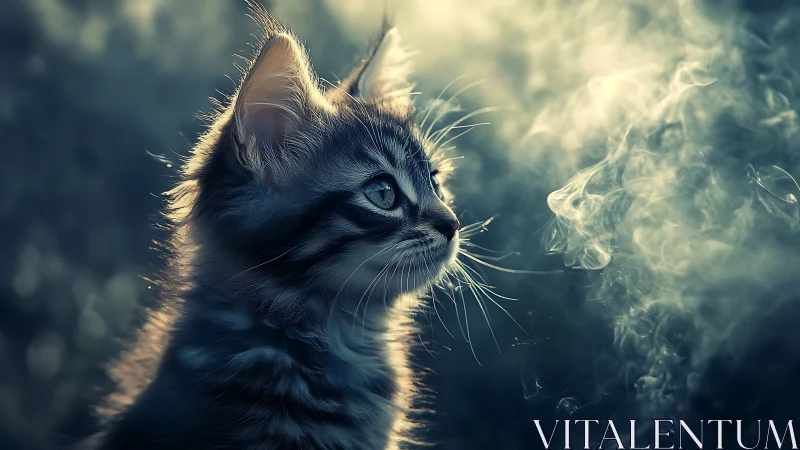 Tabby feline with luminous backlighting in atmospheric haze