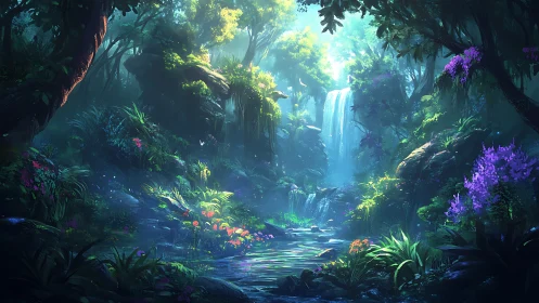 Enchanted Forest Ravine with Waterfall and Luminescent Flora.