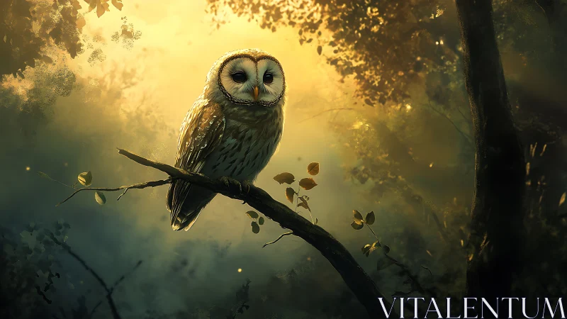 Majestic Owl Perched on Branch in Enchanted Forest, Digital Art.