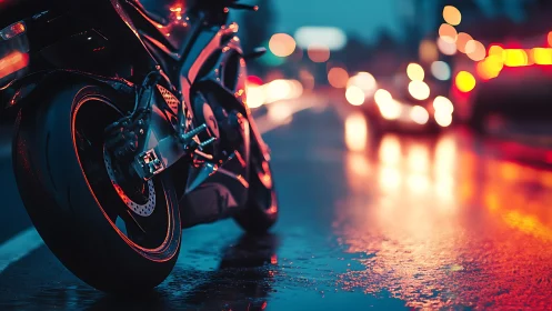 Sport motorcycle on wet neon street with shallow depth of field