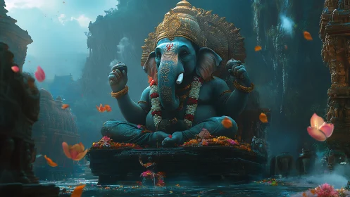 Majestic blue Ganesha statue glows in a misty temple rain