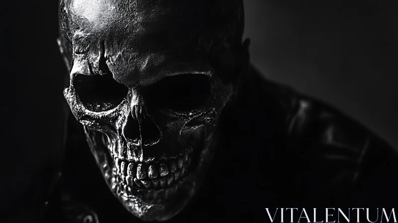 Grim metallic skull emerges from darkness in moody lighting