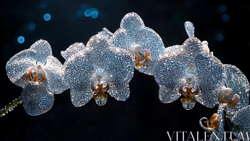 Photorealistic macro of sparkling crystal-encrusted orchids.
