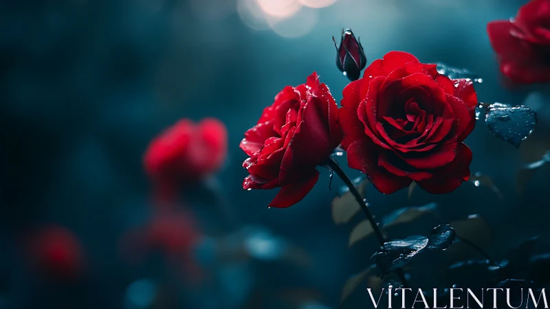 Wet red roses macro detail with bokeh depth of field background effect