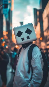 Urban portrait of cube-headed figure in teal-orange bokeh glow.