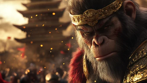 Mythic warrior monkey gazes over burning imperial city.