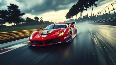 Red GT race car powers through wet track at high speed.