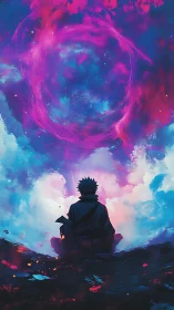 Silhouetted figure observes circular energy field in clouds