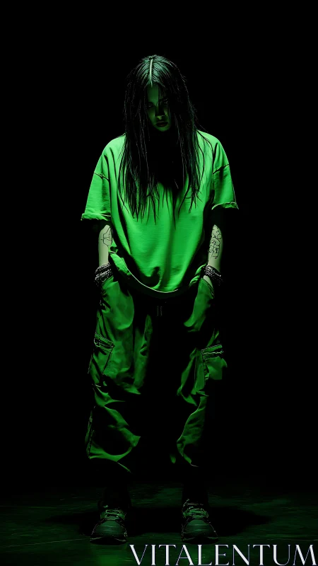 Standing figure in green streetwear under focused lighting.