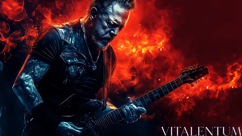 High-contrast rock guitarist rendered against dynamic fiery bokeh field