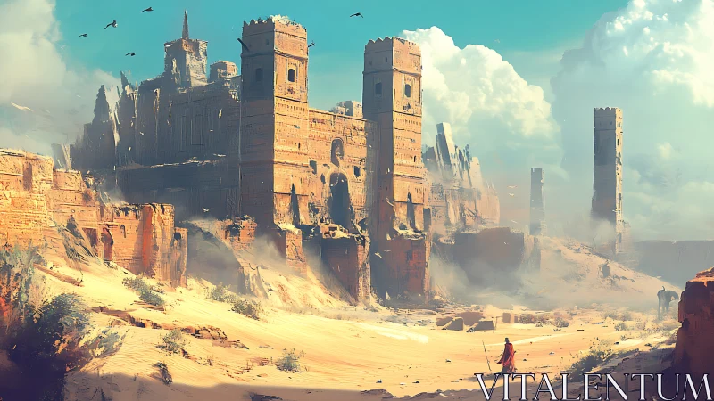 Desert traveler approaching towering ruined sandstone city.