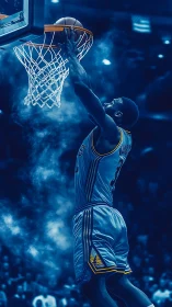 Basketball player performs two-handed dunk under blue filter