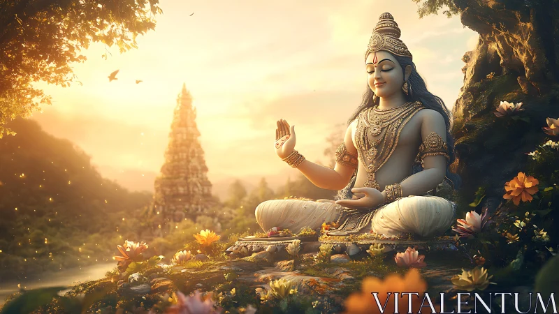 Sun-drenched mountain sage welcomes dawn in jeweled stillness