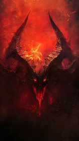 Infernal horned titan stares back through molten shadow veil