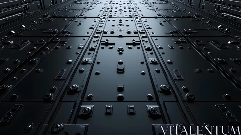 Futuristic metallic wall with geometric panels and sci-fi details.