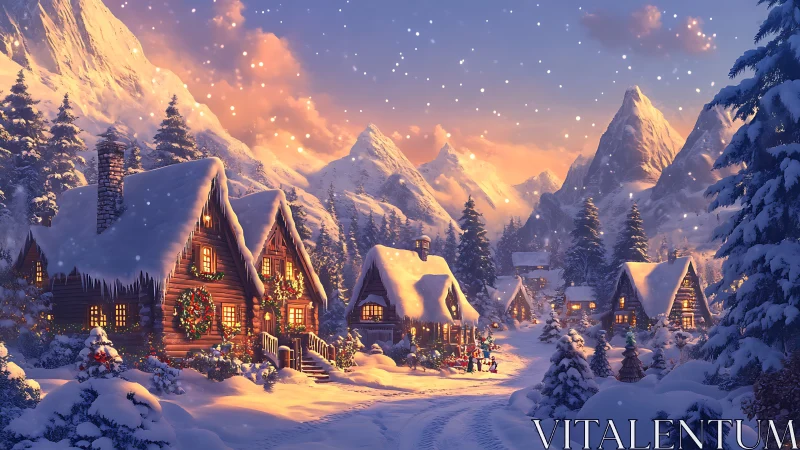 Snowy alpine village with warmly lit holiday cabins at dusk.