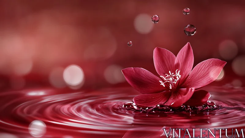 Macro red blossom on reflective liquid surface with droplets