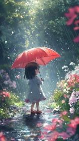 Scarlet umbrella shelters a child in rainlit flower dreams.