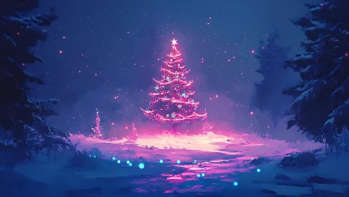 Illuminated winter tree stands in a snow-covered forest clearing