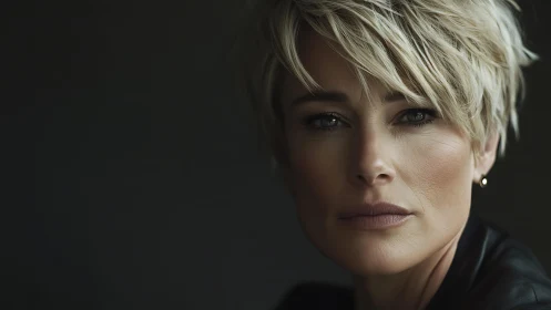 Confident woman with short blonde hair in moody studio light.
