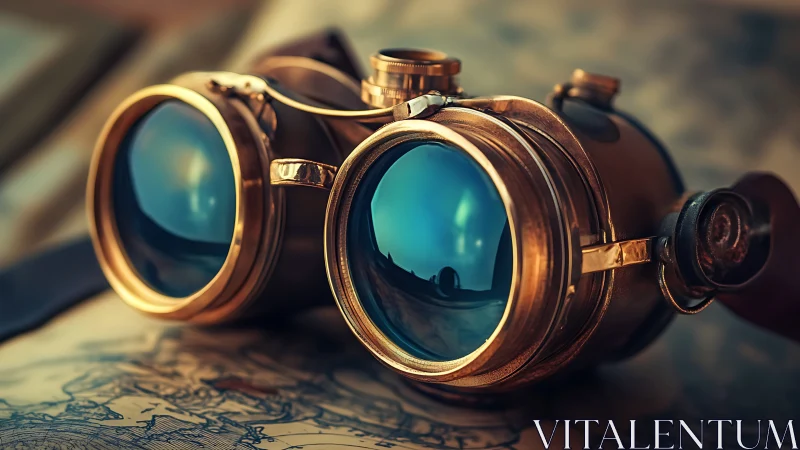 Steampunk brass goggles on vintage navigation chart, close-up focus.