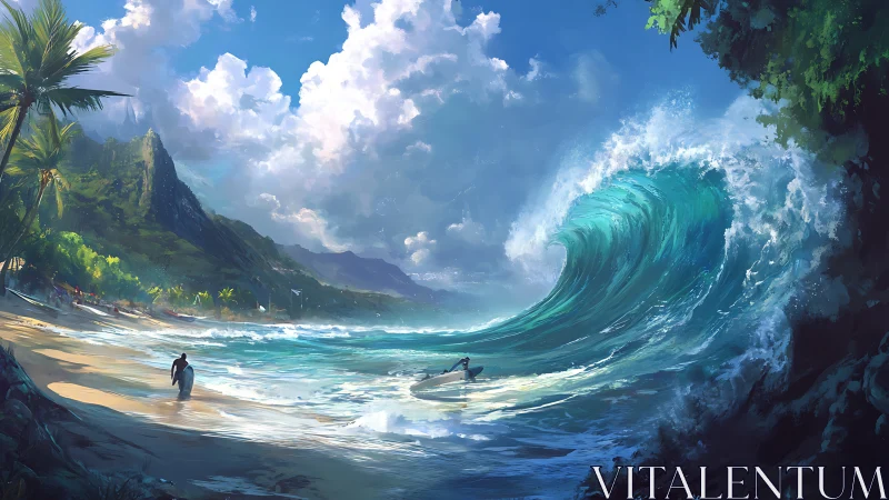 Colossal turquoise wave curling toward sunlit tropical shore.