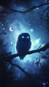 Glowing blue owl perched in a moonlit starry night forest.