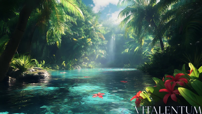 Tropical lagoon shows clear turquoise water and dense foliage