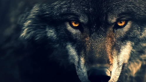 Wolf close-up with focused amber eyes in low light profile.