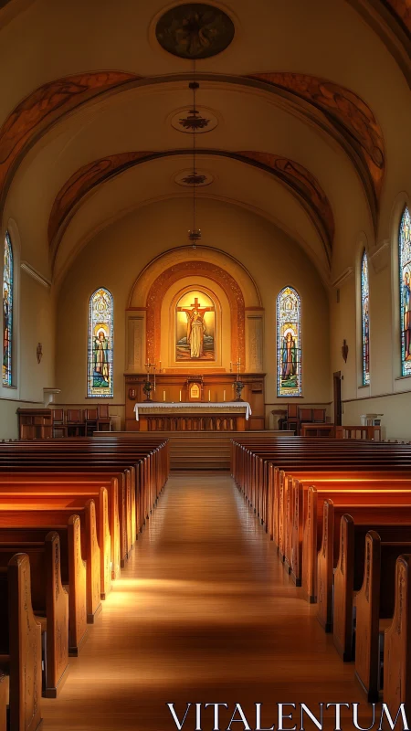 Golden light fills a tranquil church nave in quiet reverence