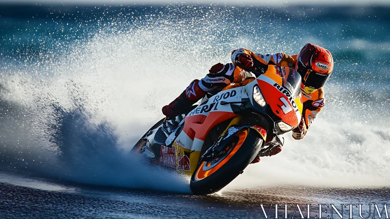 Motorcycle rider cornering on wet track with water spray.