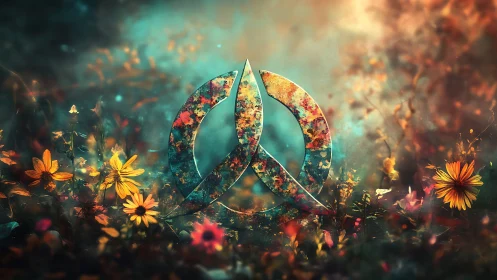 Floral peace emblem glowing in a dream-soaked meadowscape.