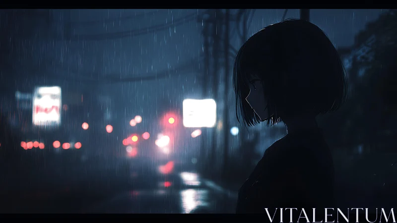 Silhouetted girl drifts through neon rain and hushed night.