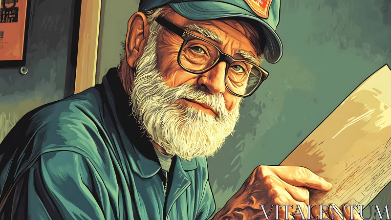 Elderly man in teal cap reading document, stylized portrait