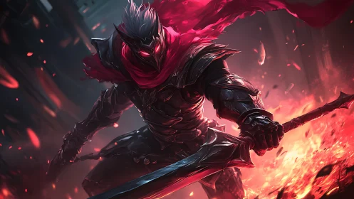 Dark armored swordsman in red scarf over fiery battleground