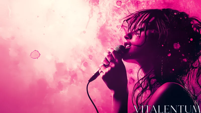 Neon backlit vocalist in dynamic magenta atmospheric haze