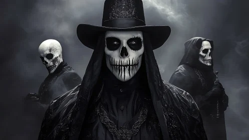 Triad of skeletal figures in black ceremonial garments, fog