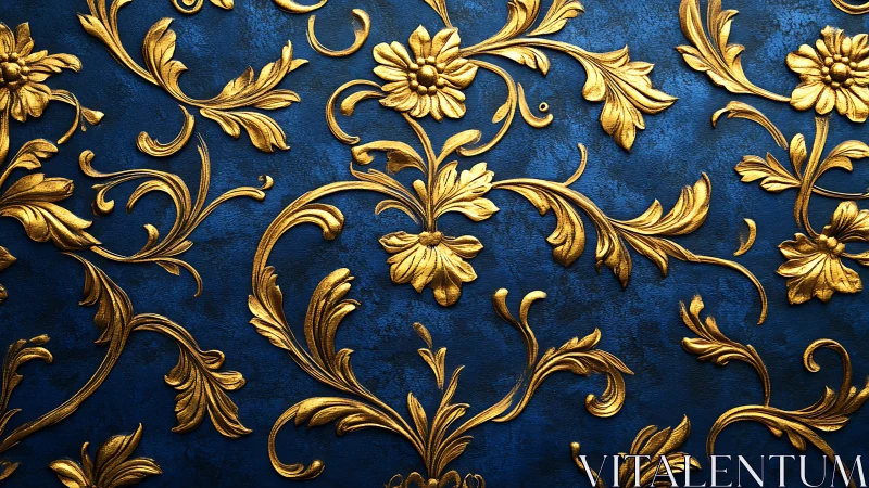 Ornate golden floral scrollwork shimmers on deep blue backdrop.
